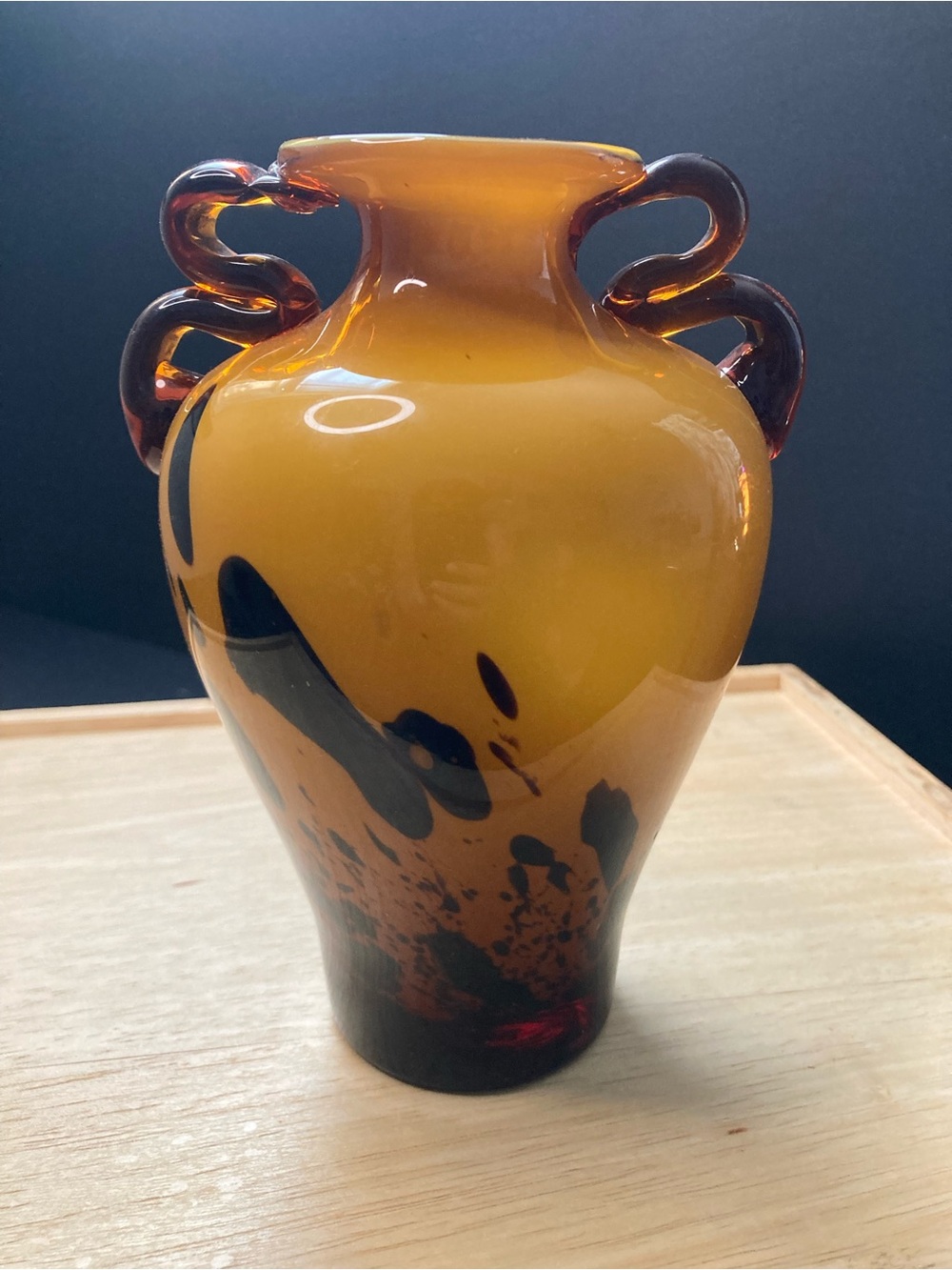 Amber Glass Vase with Dark Accent Handles